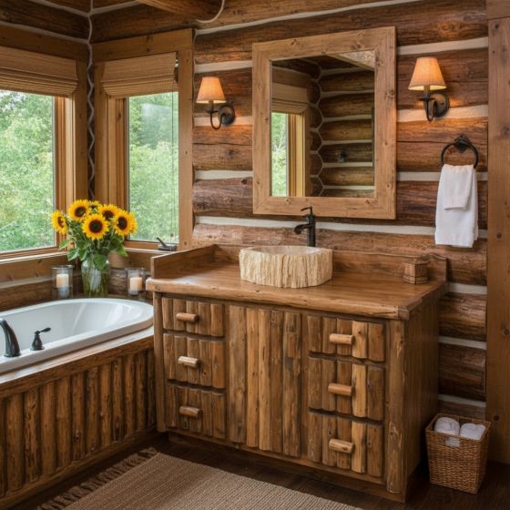 Log Cabin Bathroom Furniture: Some lifestyle images are created with AI for visualization purposes. Crafted from natural solid wood, each piece is unique and will vary.