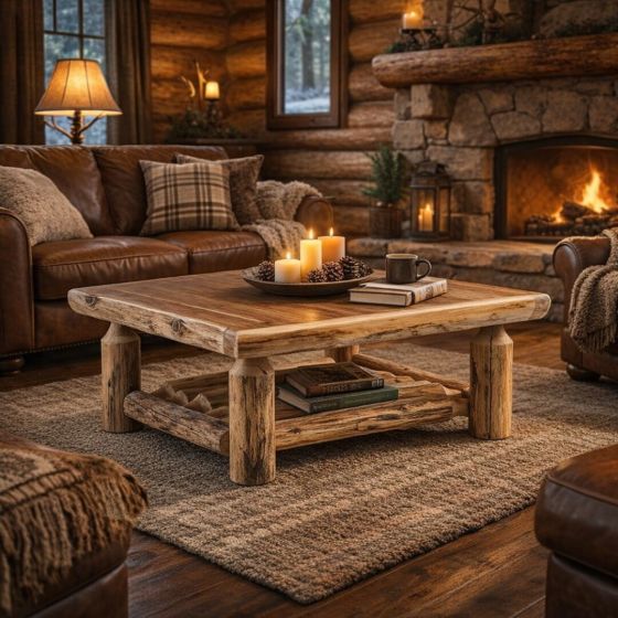 Rustic Coffee Table: Some lifestyle images are created with AI for visualization purposes. Crafted from natural solid wood, each piece is unique and will vary.