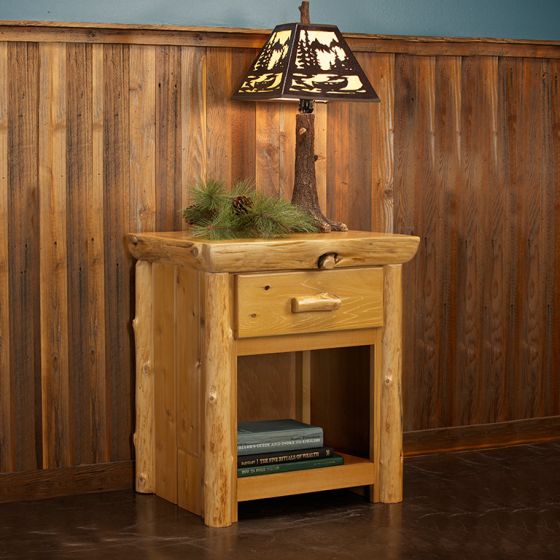 Cedar Lake Cabin 1 Drawer Log Nightstand--Flat drawer front, Honey finish