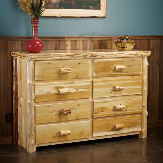 Cedar Lake Cabin 8 Drawer Log Dresser--Clear finish, Flat drawer fronts