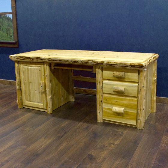 Cedar Lake Solid Wood Log Computer Desk - Clear Finish - Flat Fronts
