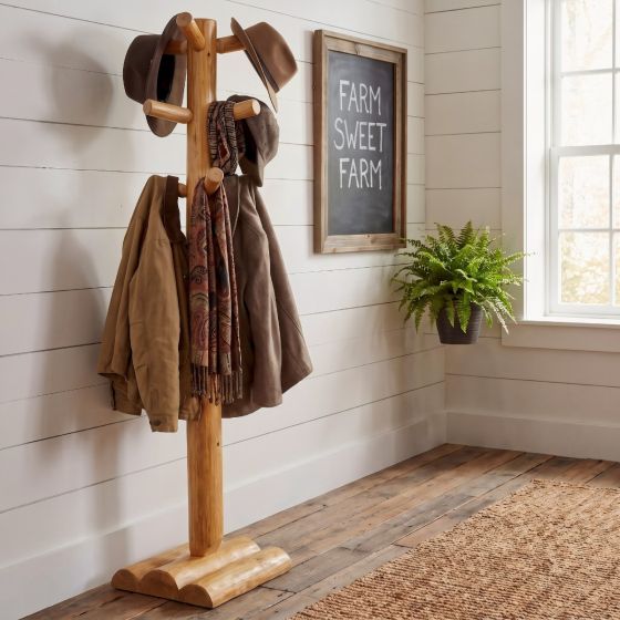 Log Coat Tree: Some lifestyle images are created with AI for visualization purposes. Crafted from natural solid wood, each piece is unique and will vary.