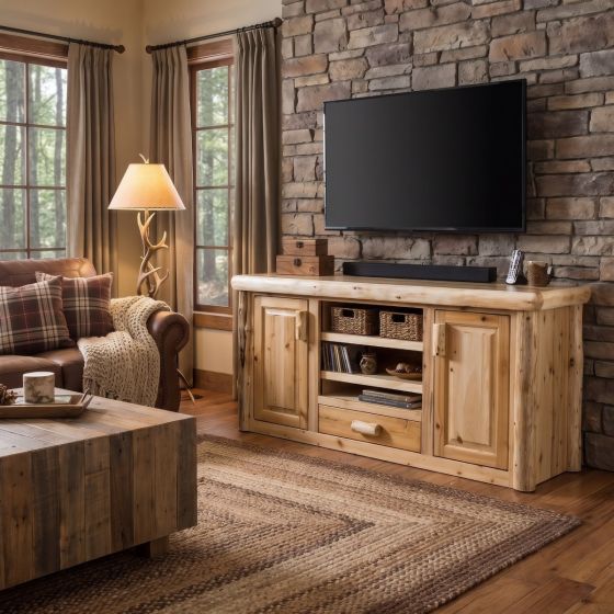 Cedar Log TV Stand: Some lifestyle images are created with AI for visualization purposes. Crafted from natural solid wood, each piece is unique and will vary.