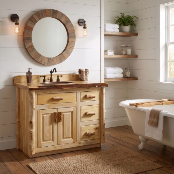 Cedar Vanity: Some lifestyle images are created with AI for visualization purposes. Crafted from natural solid wood, each piece is unique and will vary.