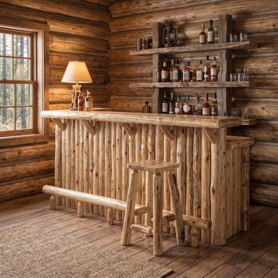 Cedar Log Bar: Some lifestyle images are created with AI for visualization purposes. Crafted from natural solid wood, each piece is unique and will vary.