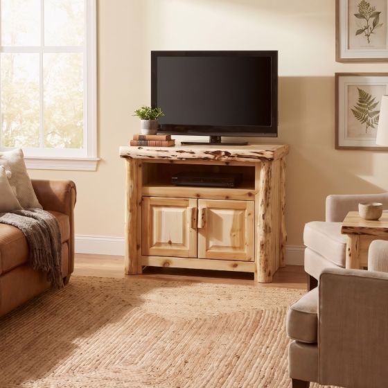Cedar Log TV Stand: Some lifestyle images are created with AI for visualization purposes. Crafted from natural solid wood, each piece is unique and will vary.