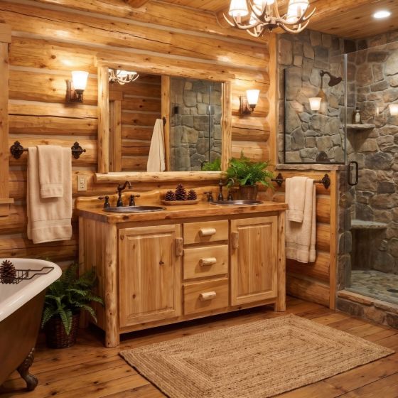 Rustic Log Vanity: Some lifestyle images are created with AI for visualization purposes. Crafted from natural solid wood, each piece is unique and will vary.