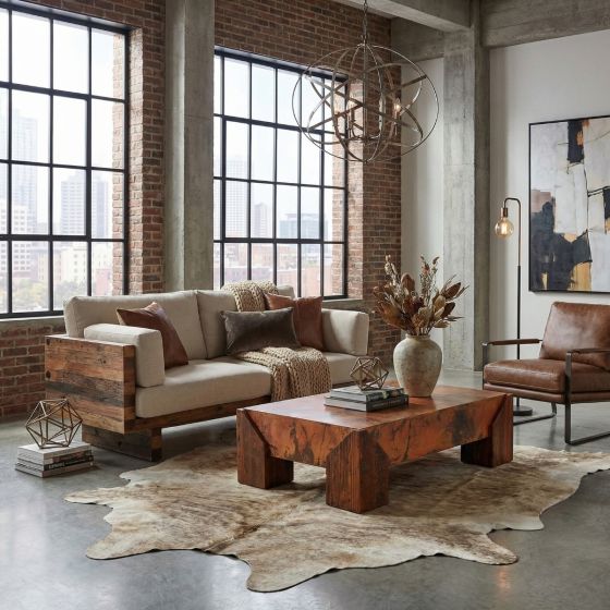 Industrial Copper Coffee Table: Some lifestyle images are created with AI for visualization purposes. Crafted from natural solid wood, each piece is unique and will vary.