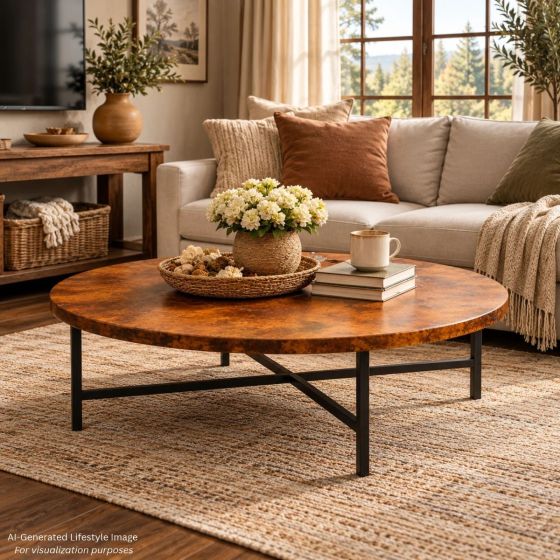 Copper Top Coffee Table: This image was generated or modified using AI for visualization purposes.