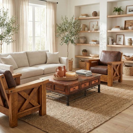 Hammered Copper Coffee Table: Some lifestyle images are created with AI for visualization purposes. Crafted from natural solid wood, each piece is unique and will vary.