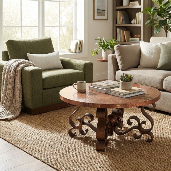 Copper Coffee Table: Some lifestyle images are created with AI for visualization purposes. Crafted from natural solid wood, each piece is unique and will vary.