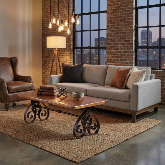 Modern Copper Coffee Table: Some lifestyle images are created with AI for visualization purposes. Crafted from natural solid wood, each piece is unique and will vary.