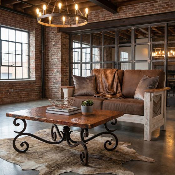 Farmhouse Copper Coffee Table: Some lifestyle images are created with AI for visualization purposes. Crafted from natural solid wood, each piece is unique and will vary.
