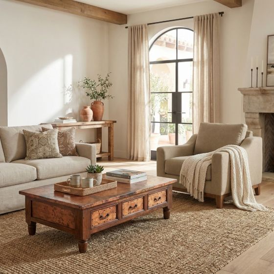 Modern Copper Coffee Table: Some lifestyle images are created with AI for visualization purposes. Crafted from natural solid wood, each piece is unique and will vary.