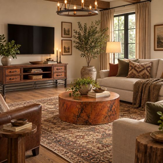 Copper Coffee Table: Some lifestyle images are created with AI for visualization purposes. Crafted from natural solid wood, each piece is unique and will vary.