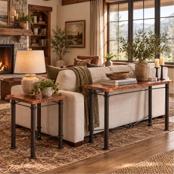 Copper Console Table: Some lifestyle images are created with AI for visualization purposes. Crafted from natural solid wood, each piece is unique and will vary.