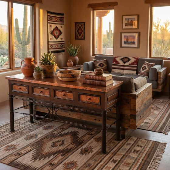 Southwestern Console: Some lifestyle images are created with AI for visualization purposes. Crafted from natural solid wood, each piece is unique and will vary.