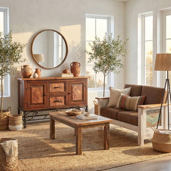 Copper Console: Some lifestyle images are created with AI for visualization purposes. Crafted from natural solid wood, each piece is unique and will vary.