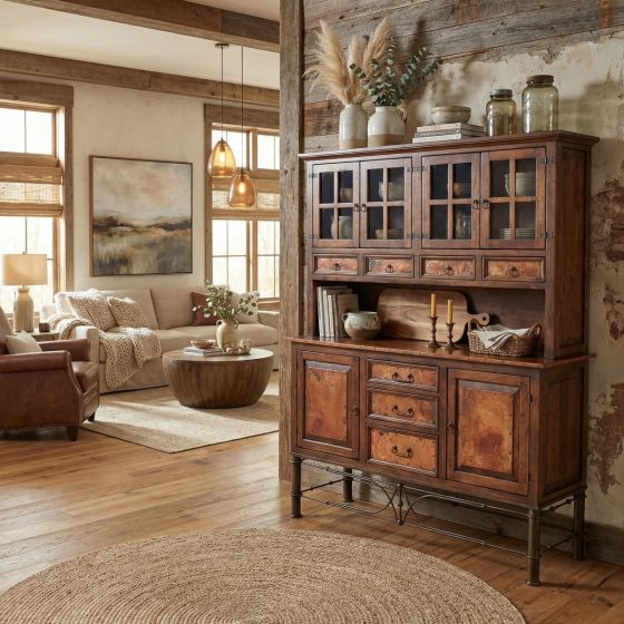 Copper Buffet and Hutch: Some lifestyle images are created with AI for visualization purposes. Crafted from natural solid wood, each piece is unique and will vary.