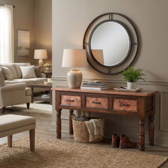 Console Table: Some lifestyle images are created with AI for visualization purposes. Crafted from natural solid wood, each piece is unique and will vary.