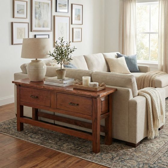 Copper Sofa Table: Some lifestyle images are created with AI for visualization purposes. Crafted from natural solid wood, each piece is unique and will vary.