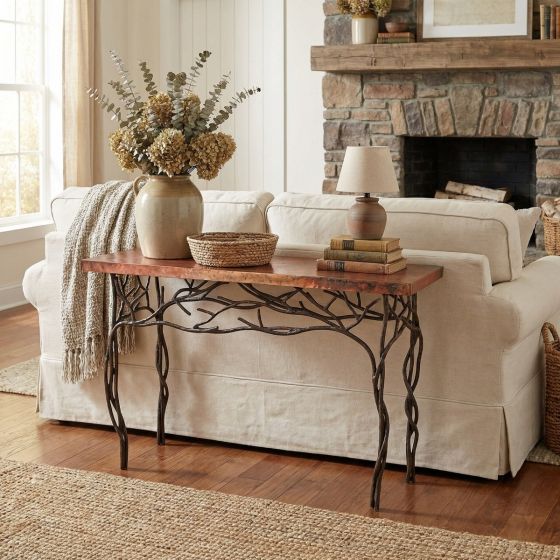 Copper Sofa Table: Some lifestyle images are created with AI for visualization purposes. Crafted from natural solid wood, each piece is unique and will vary.