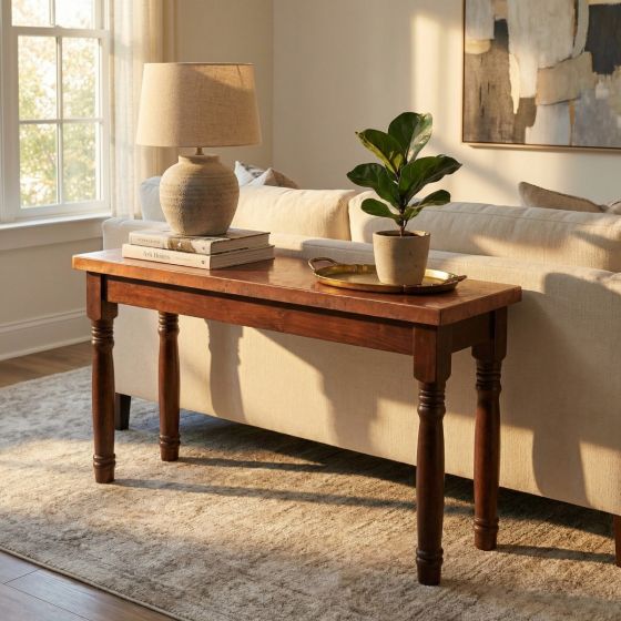 Copper Sofa Table: Some lifestyle images are created with AI for visualization purposes. Crafted from natural solid wood, each piece is unique and will vary.