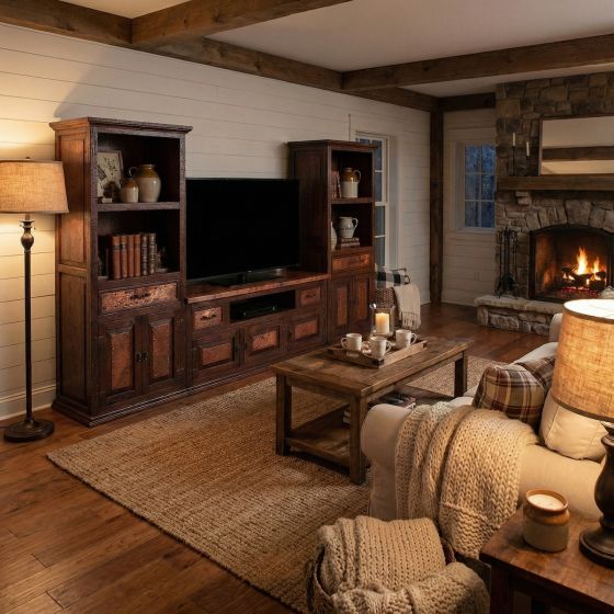 Copper Entertainment Center: Some lifestyle images are created with AI for visualization purposes. Crafted from natural solid wood, each piece is unique and will vary.