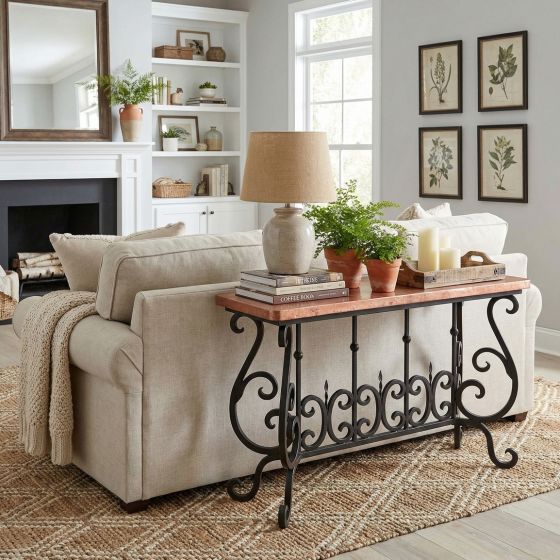 Copper and Iron Sofa Table: Some lifestyle images are created with AI for visualization purposes. Crafted from natural solid wood, each piece is unique and will vary.