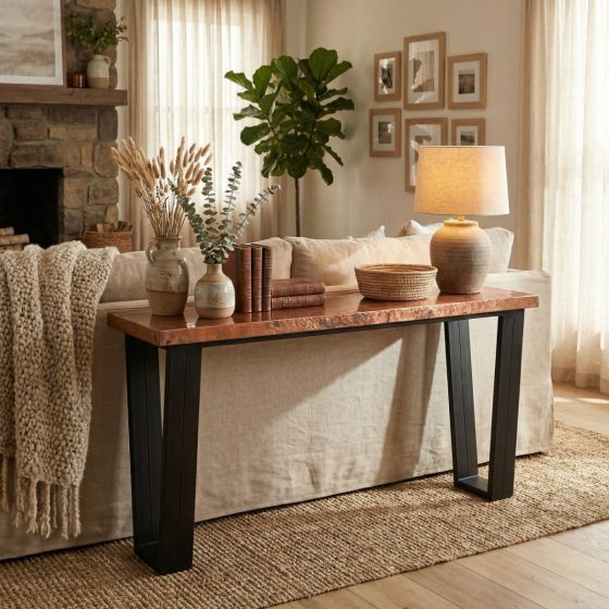 Modern Copper Sofa Table: Some lifestyle images are created with AI for visualization purposes. Crafted from natural solid wood, each piece is unique and will vary.