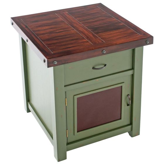 Cottage Sunrise Painted Enclosed End Table shown Hinged Left in Sea Mist Green Paint Finish