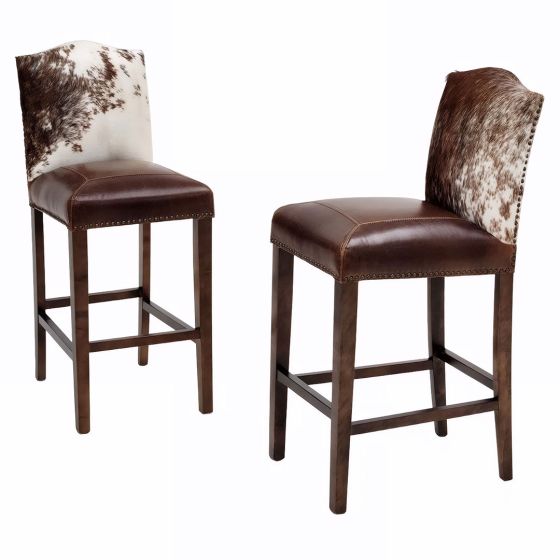 Cowhide Bristol Bar Stools - Burnt Umber Cypress Leather Upholstery w/ Cowhide Backrest