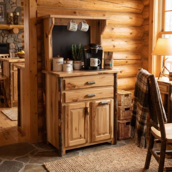 Rustic Coffee Cabinet: Some lifestyle images are created with AI for visualization purposes. Crafted from natural solid wood, each piece is unique and will vary.