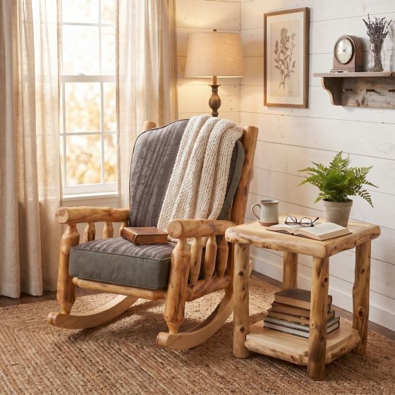 Rustic Rocking Chair: Some lifestyle images are created with AI for visualization purposes. Crafted from natural solid wood, each piece is unique and will vary.
