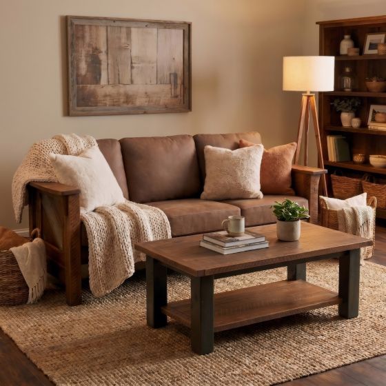 Modern Rustic Dining Table: Some lifestyle images are created with AI for visualization purposes. Crafted from natural solid wood, each piece is unique and will vary.