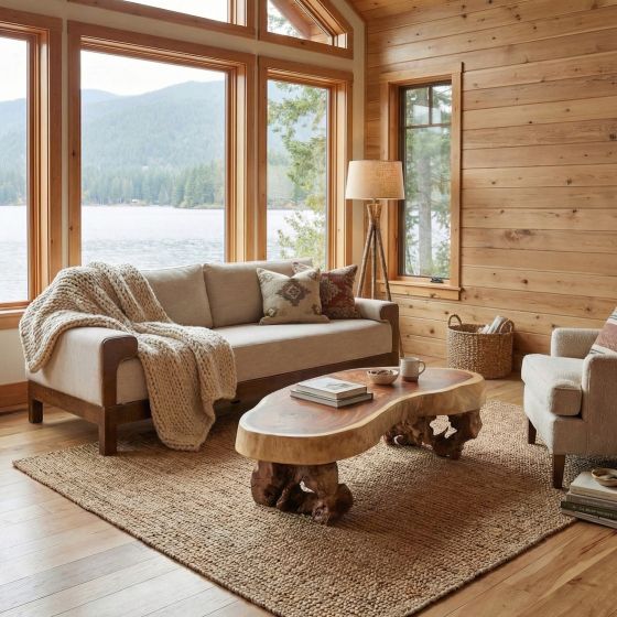 Rustic Coffee Table: Some lifestyle images are created with AI for visualization purposes. Crafted from natural solid wood, each piece is unique and will vary.