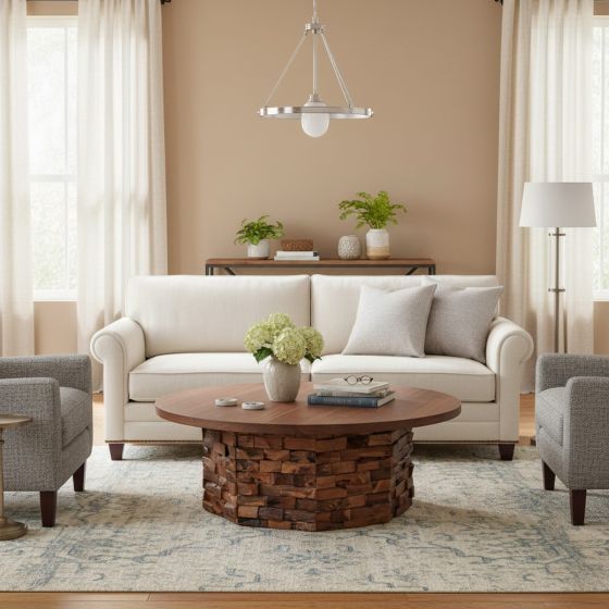 Rustic Coffee Table: Some lifestyle images are created with AI for visualization purposes. Crafted from natural solid wood, each piece is unique and will vary.