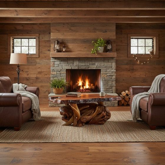 Rustic Coffee Table: Some lifestyle images are created with AI for visualization purposes. Crafted from natural solid wood, each piece is unique and will vary.
