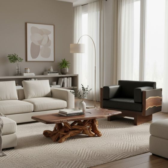 Rustic Coffee Table: Some lifestyle images are created with AI for visualization purposes. Crafted from natural solid wood, each piece is unique and will vary.