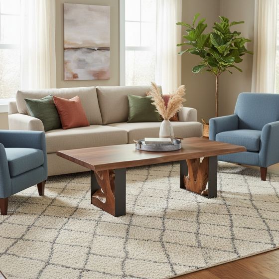 Slab Coffee Table: Some lifestyle images are created with AI for visualization purposes. Crafted from natural solid wood, each piece is unique and will vary.