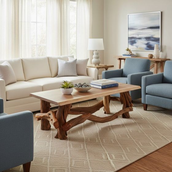 Contemporary Coffee Table: Some lifestyle images are created with AI for visualization purposes. Crafted from natural solid wood, each piece is unique and will vary.