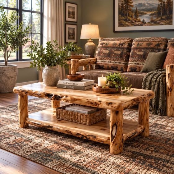 Aspen Coffee Table: Some lifestyle images are created with AI for visualization purposes. Crafted from natural solid wood, each piece is unique and will vary.