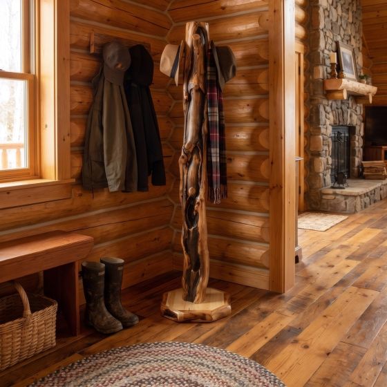 Log Coat Rack: Some lifestyle images are created with AI for visualization purposes. Crafted from natural solid wood, each piece is unique and will vary.