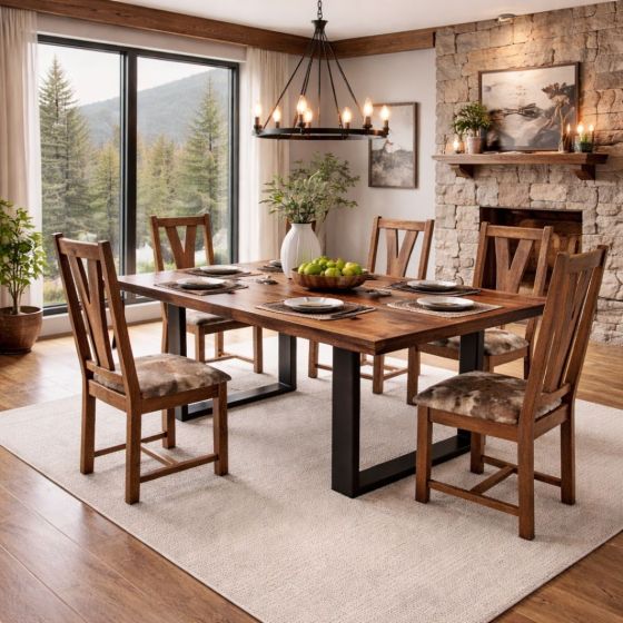 Cowhide Upholstered Dining Chair: Some lifestyle images are created with AI for visualization purposes. Crafted from natural solid wood, each piece is unique and will vary.