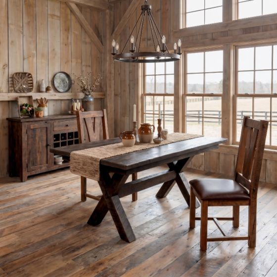 Rustic Barnwood Dining Chair: Some lifestyle images are created with AI for visualization purposes. Crafted from natural solid wood, each piece is unique and will vary.