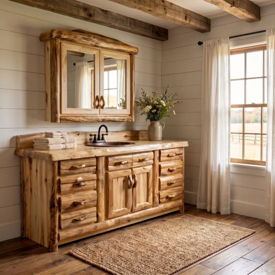 Log Medicine Cabinet: Some lifestyle images are created with AI for visualization purposes. Crafted from natural solid wood, each piece is unique and will vary.