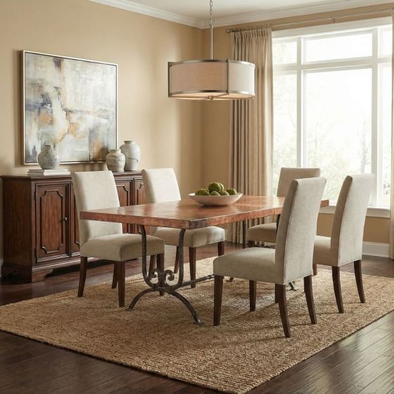 Copper Dining Table: Some lifestyle images are created with AI for visualization purposes. Crafted from natural solid wood, each piece is unique and will vary.