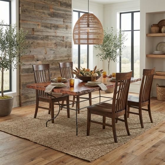 Rustic Copper Dining Table: Some lifestyle images are created with AI for visualization purposes. Crafted from natural solid wood, each piece is unique and will vary.