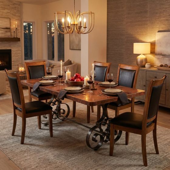 Copper Dining Table: Some lifestyle images are created with AI for visualization purposes. Crafted from natural solid wood, each piece is unique and will vary.