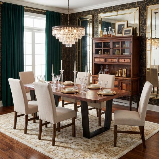 Copper Dining Table: Some lifestyle images are created with AI for visualization purposes. Crafted from natural solid wood, each piece is unique and will vary.